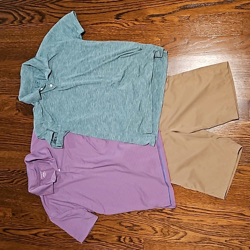 Boys size 14 under armour khaki golf shorts plus 2 crew cuts golf shirts